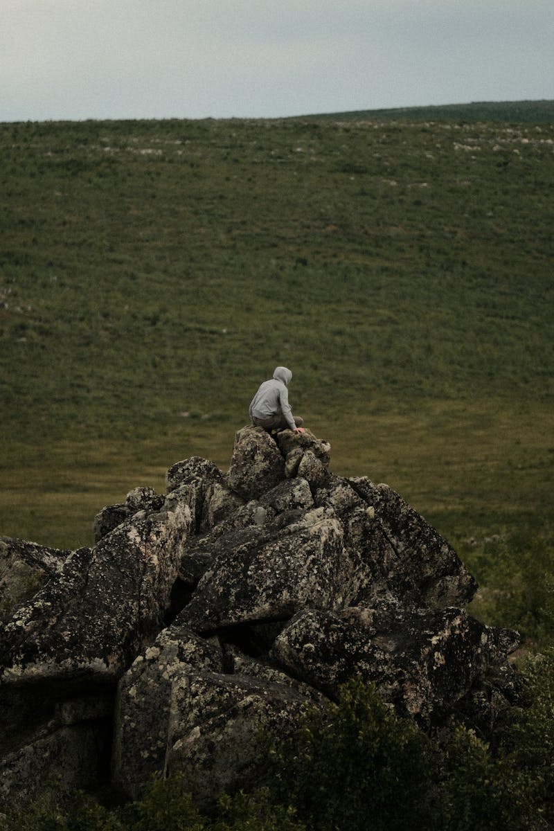 A solitary individual sits atop a large rock formation surrounded by expansive green fields under a cloudy sky.